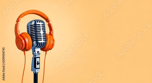 World Music Day Vintage Microphone with Orange Headphones