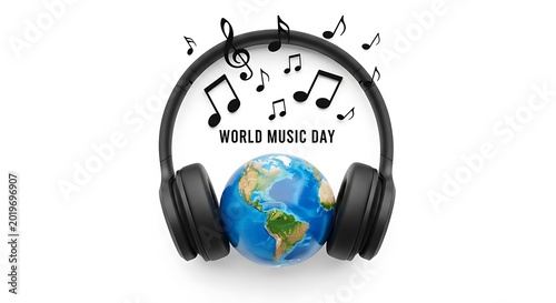 World Music Day Concept with Earth Globe and Headphones