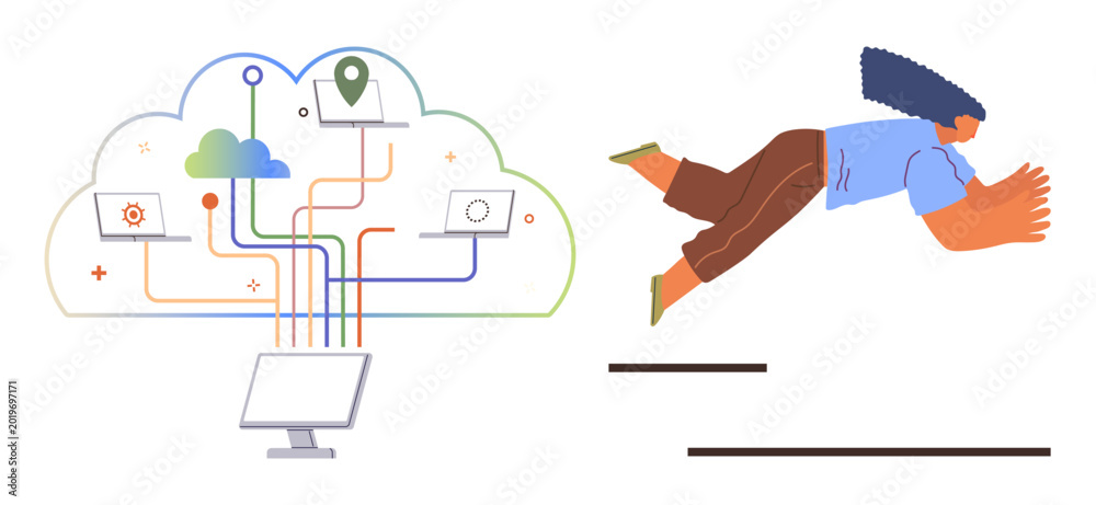 Fototapeta premium Cloud computing, technology advancement, digital transformation, data integration, online solutions, innovation. A digital network links devices in a cloud structure with a woman jumping forward