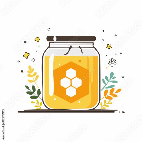 Jar of Honey with Honeycomb Design and Floral Accents