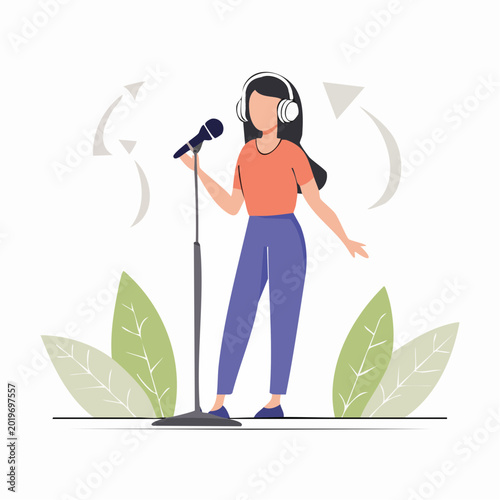 Woman Singing into Microphone with Headphones