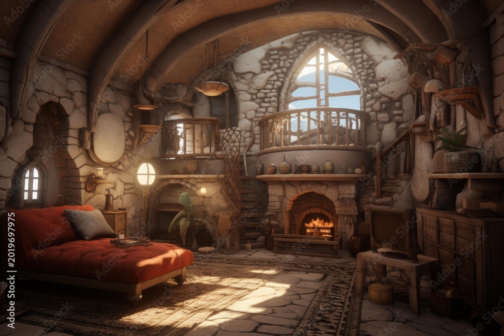 Fototapeta premium Sun illuminates cozy medieval fantasy interior with fireplace, balcony, and rustic furniture, creating a warm and inviting atmosphere