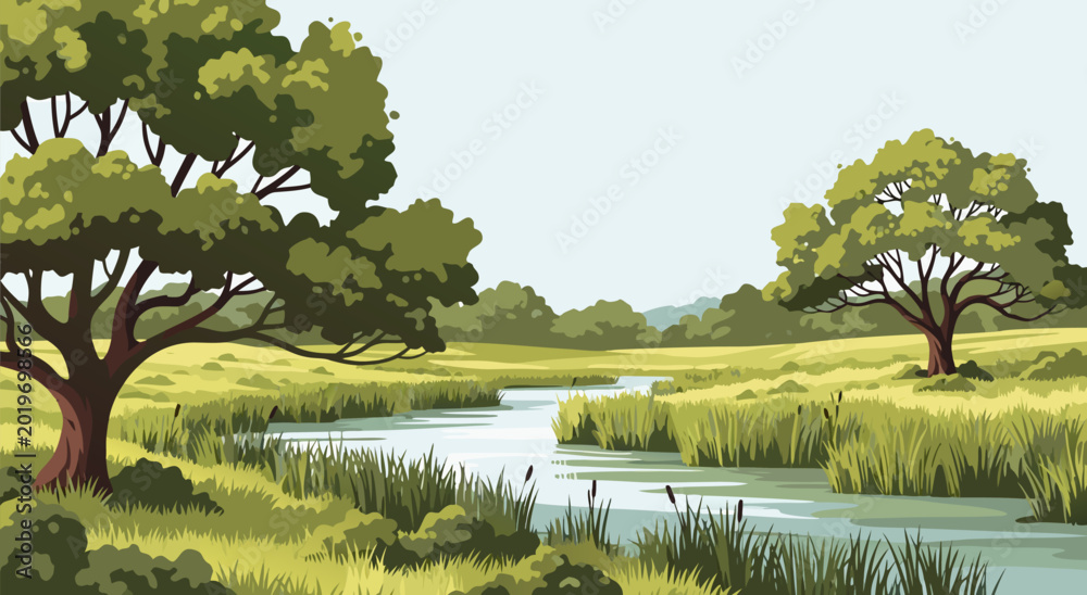 Fototapeta premium Serene River Landscape Vector Illustration of a Peaceful Natural Scenery with Trees and Wetlands, an Artistic Depiction