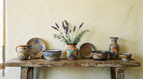Mexican pottery collection on rustic wooden table with lavender. Handcrafted clay dishes and vases with colorful patterns. Traditional artisan ceramic decor for interior design.