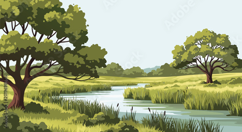 Serene River Landscape Vector Illustration of a Peaceful Natural Scenery with Trees and Wetlands, an Artistic Depiction