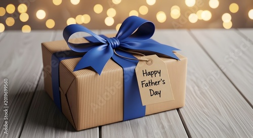 Gift box with blue ribbon on wooden surface for fathers day celebration
