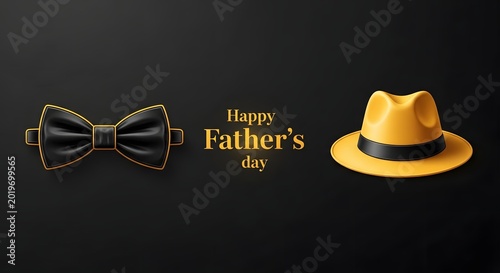 Bow tie and fedora hat with fathers day greeting on dark background