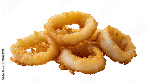 Quadro su tela Golden crispy fried calamari rings a delicious seafood appetizer, isolated on tr
