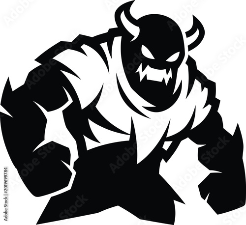 Tablou pe pânză Aggressive horned monster with sharp teeth and glowing eyes vector illustration