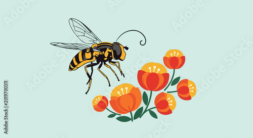 A stylized yellow and black insect flies near bright orange and red flowers
