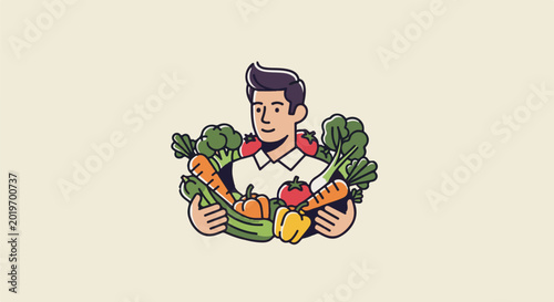 Cheerful man holding an abundance of fresh vegetables, framed by produce