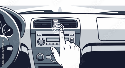 Close-up of a finger touching a car dashboard infotainment system
