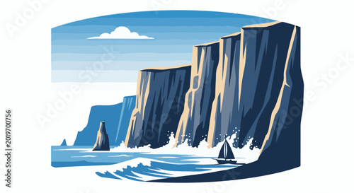 Coastal cliffs with crashing waves and a solitary sailboat