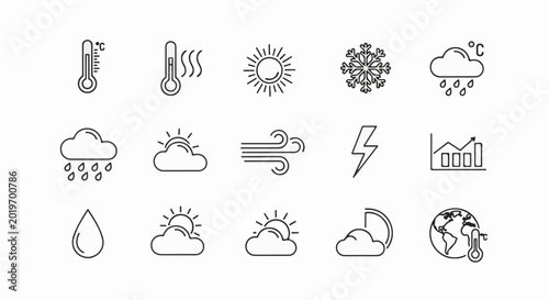 Collection of weather icons showing temperature, rain, sun, snow, wind, lightning, and earth