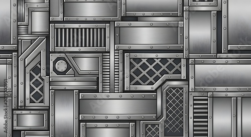 Abstract seamless industrial pattern of silver steel plates and bolts