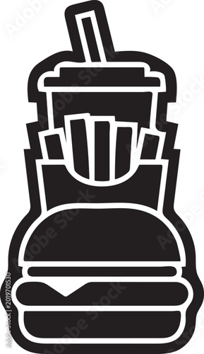 fast food silhouette with layered junk food stack, street snack icon vector, unhealthy food symbol