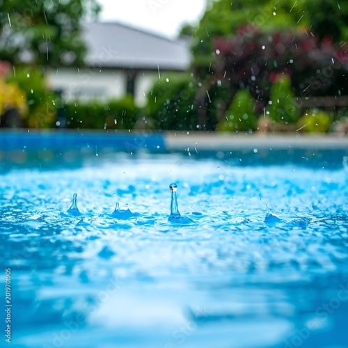 Rainy day swimming pool scene outdoors.