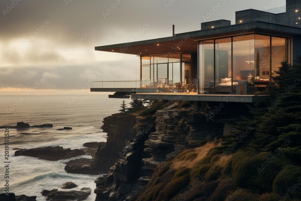 Fototapeta premium Luxurious cantilevered house perched on a cliff offers breathtaking ocean views at sunset