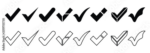 Checkmarks and crosses hand drawn symbols set on white background