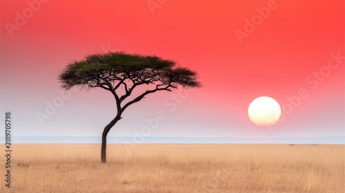 Silhouette of a single flat top acacia tree against a massive deep red setting sun, hazy horizon, African savanna atmosphere, minimalist and iconic