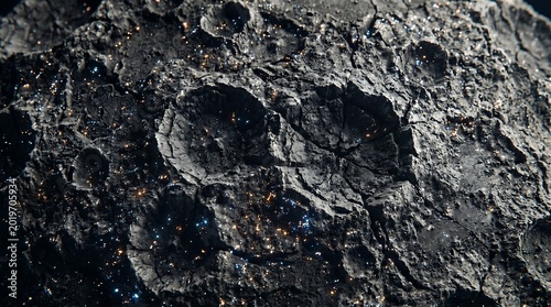 Extreme close-up of a dark, cratered asteroid surface with shimmering minerals