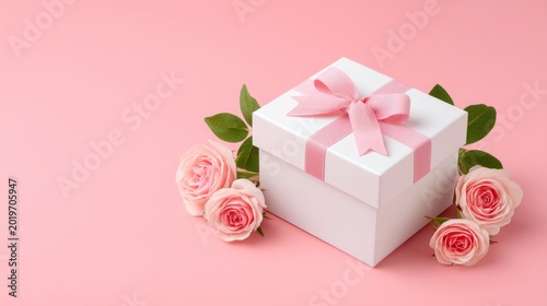 A lovely gift box adorned with a pink ribbon rests amidst soft pink roses on a gentle pastel backdrop. This scene captures a warm feeling of joy and celebration, perfect for special occasions