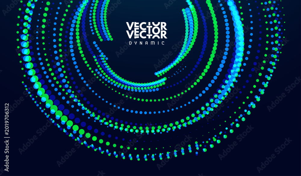 Fototapeta premium Dynamic particles. Technological context. Concentric circle. Ring of sound waves. Pulsation or vibration signal. 3D vector illustration for brochure, poster, cover, card, presentation, flyer or banner