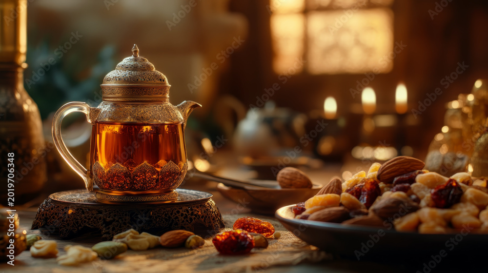 Fototapeta premium Elegant Arabic Tea with Nuts and Dried Fruits