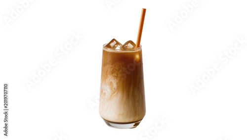 Obraz na płótnie Tall glass of iced latte with swirling cream and ice cubes, isolated on transpar