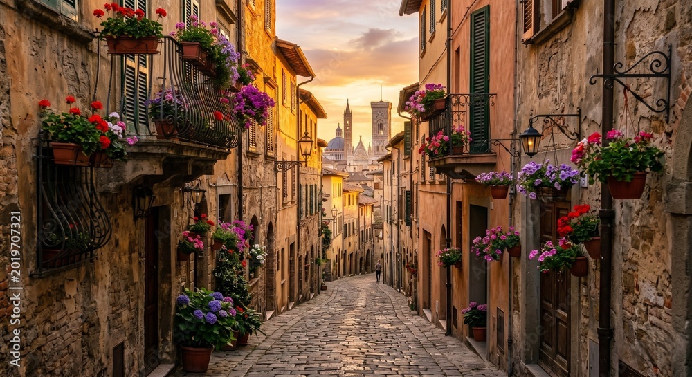 Fototapeta premium Street View of Italian Town with Hanging Flowers and Church in Background