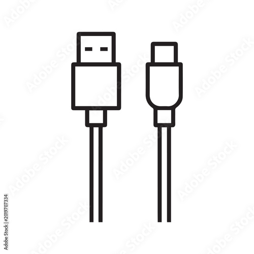 USB A and USB Type C cable flat vector icon set for charging and data transfer