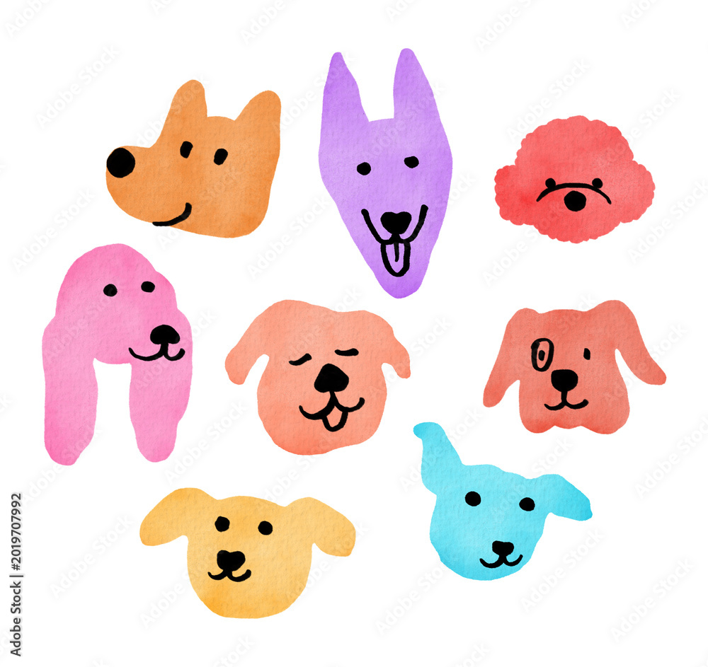 Fototapeta premium Watercolor cute dogs faces in cartoon style isolated on transparent background