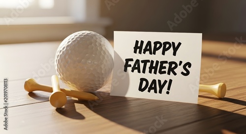 Golf ball with toothpick legs holding Fathers Day message on wooden table