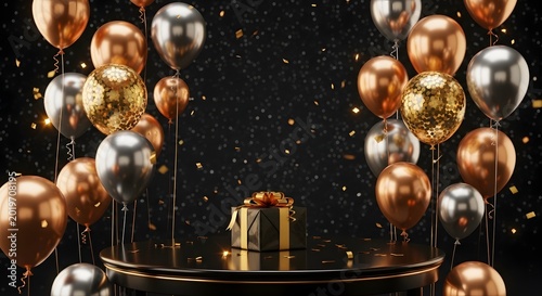 Gold and silver balloons floating above golden trophy on dark stage with sparkles