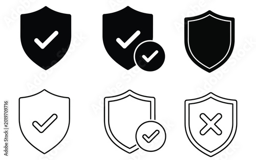 Collection of shield icons with checkmarks and crosses in various styles and colors