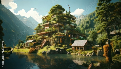 Picturesque Lakeside Village Nestled in Lush Green Mountains.
