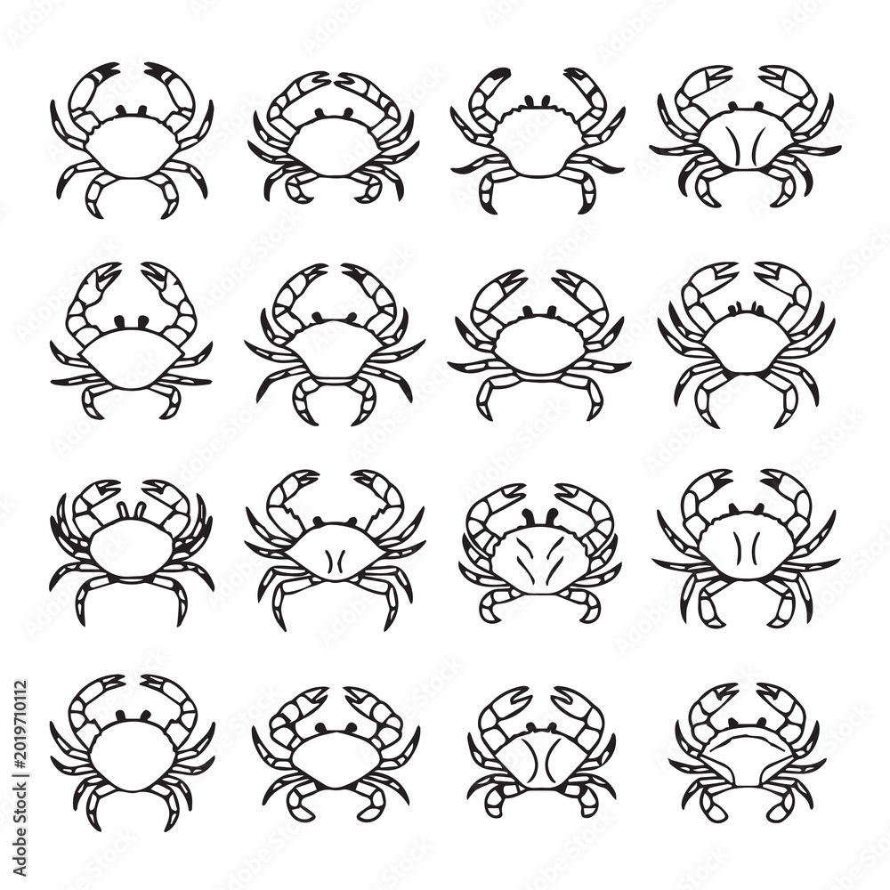 Obraz premium Collection of simple line art crab icons with variations in a clean white background
