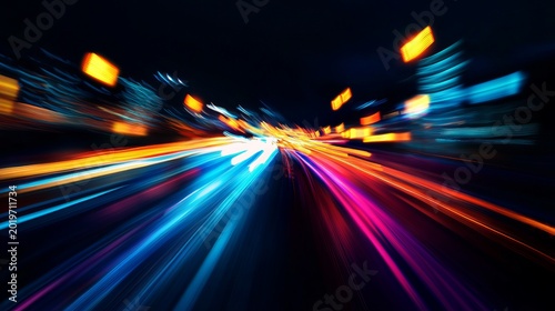A vibrant and dynamic abstract image of colorful light trails speeding through a dark urban landscape at night