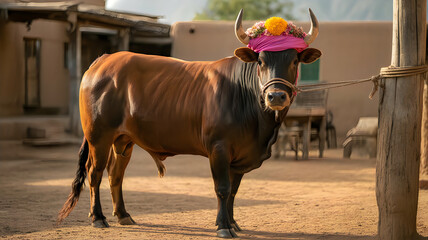 Brown cow with zebra head decoration standing outdoors