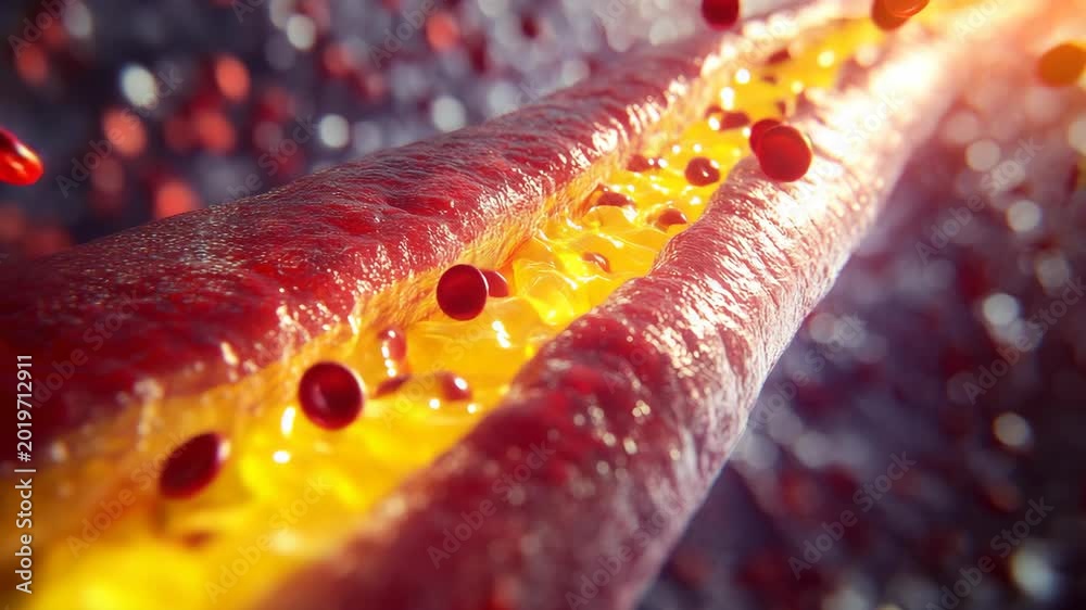 Restricted Circulation Extreme macro view inside human artery with dense flow of red blood ...