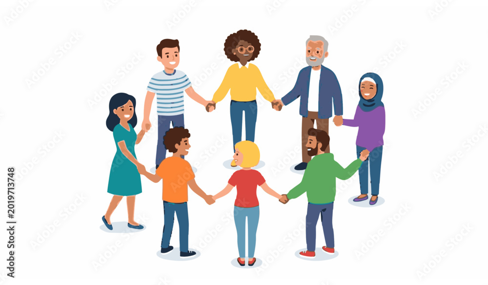 Obraz premium Group of diverse people holding hands together vector illustration teamwork unity and cooperation concept isolated on white background