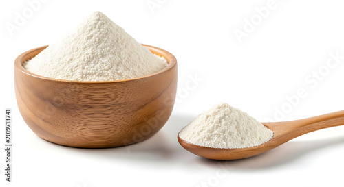​A wooden bowl and spoon filled with fine white powder isolated on a clean white background for cooking.