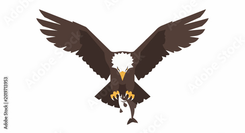 A brown eagle with spread wings clutches a fish in its talons