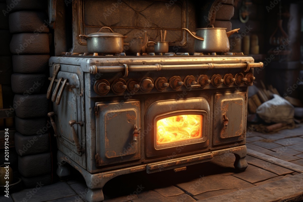 Naklejka premium Rustic kitchen stove with pots and glowing fire inside
