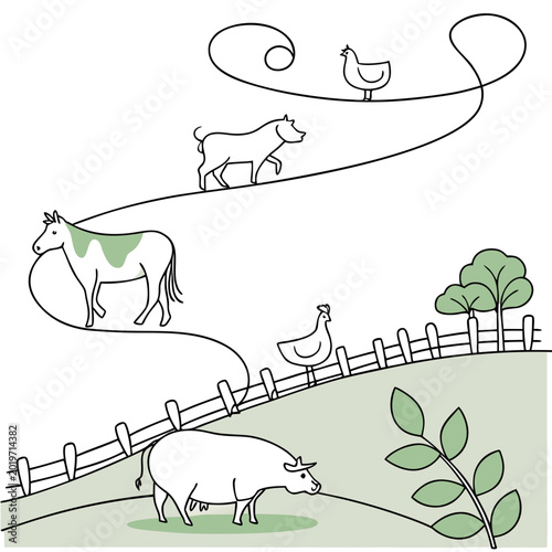 Whimsical farm illustration with a cow, horse, pig, and chickens enjoying a sunny day.