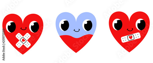 Valokuva Trio of red hearts with medical patches and level of blood inside for donation c