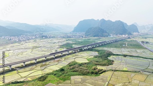 Aerial of High-Speed Train Crossing Spring Paddies with New Seedlings, Pale Yellow-Green Hue