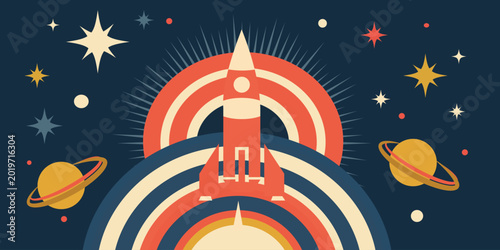 Photos Vintage style vector illustration of a rocket ship launching into space, surrounded by colorful abstract arches, planets, and stars on a dark background