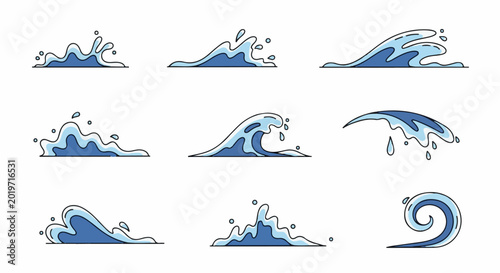 A collection of stylized cartoon water wave and splash illustrations