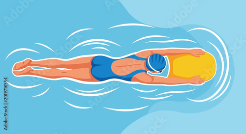 Fotografi Woman swimming freestyle stroke in blue water, top view, illustration
